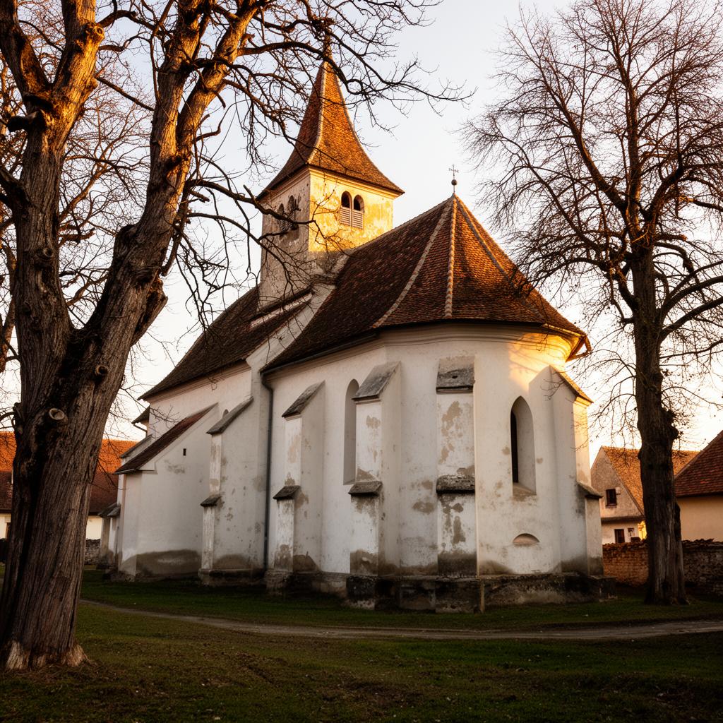 Sächsische Kirche in Weißkirch im warmen Abendlicht