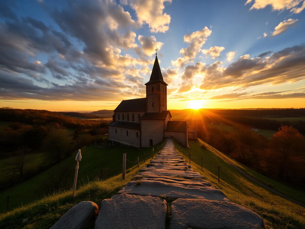 Kirchenburg im Sonnenuntergang
